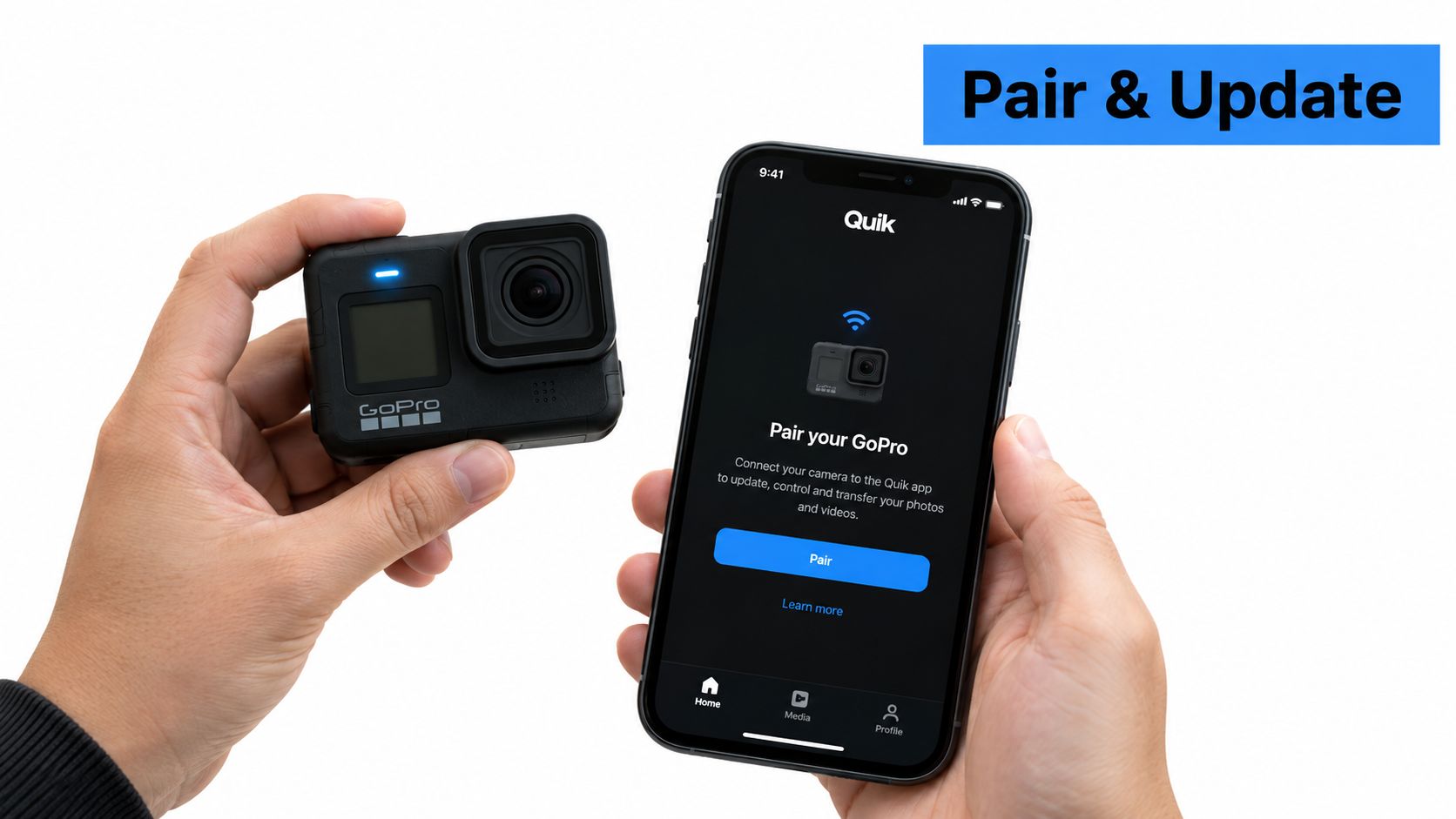A person holding a GoPro camera and a smartphone displaying the Quik app for pairing and updates.