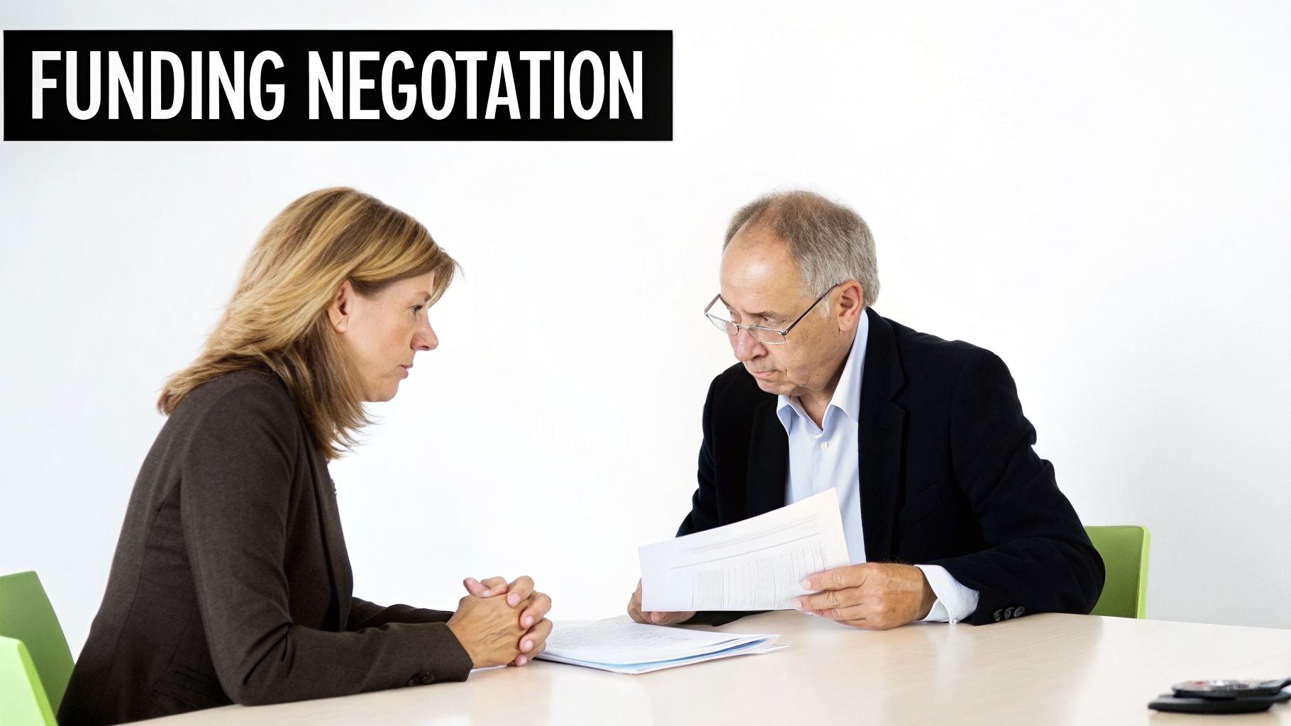Two business professionals, a man and a woman, reviewing documents during a funding negotiation.