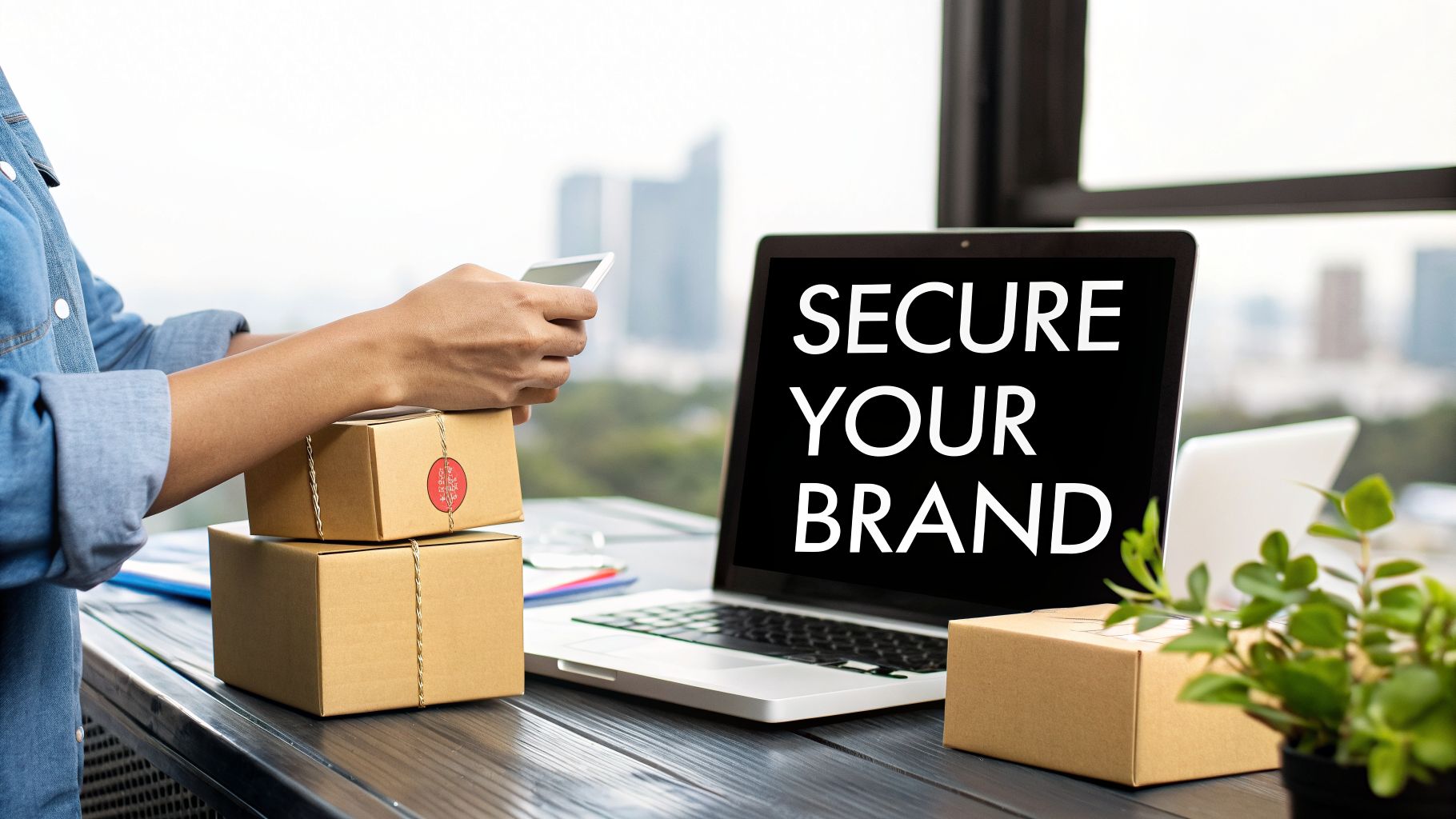 A person is processing orders with a smartphone and laptop displaying "SECURE YOUR BRAND" amidst packages.