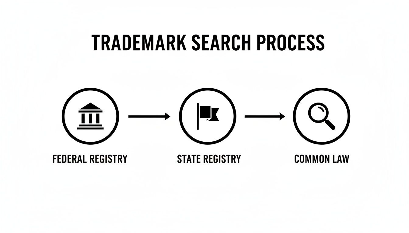 Diagram illustrating the trademark search process, including federal, state, and common law checks.