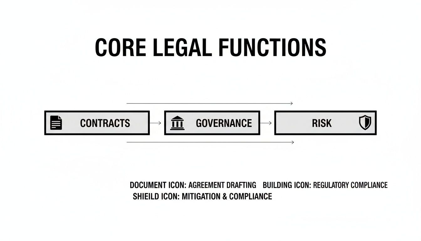 A diagram outlining core legal functions: contracts, governance, and risk, with relevant icons and descriptions.