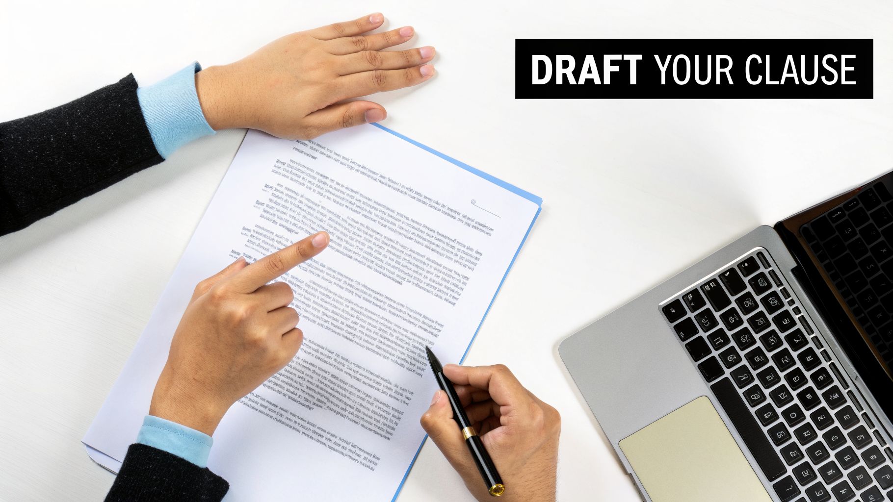Two people reviewing a document and drafting a clause, with a laptop on a white desk.