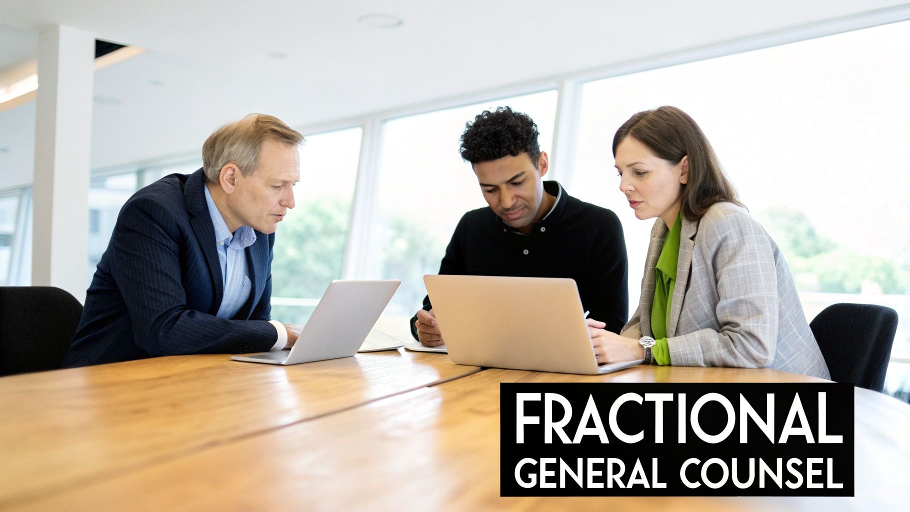 Three business professionals, including a man and woman, collaborate on laptops at a wooden conference table.