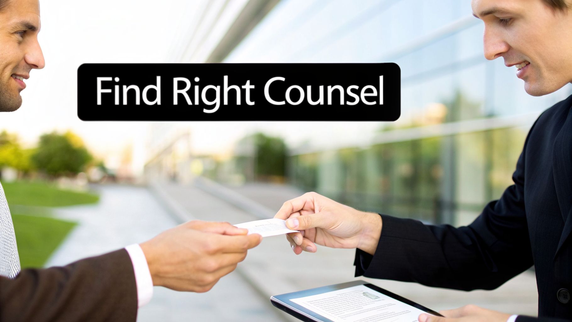 Two businessmen exchanging a business card, with text "Find Right Counsel" overlay.