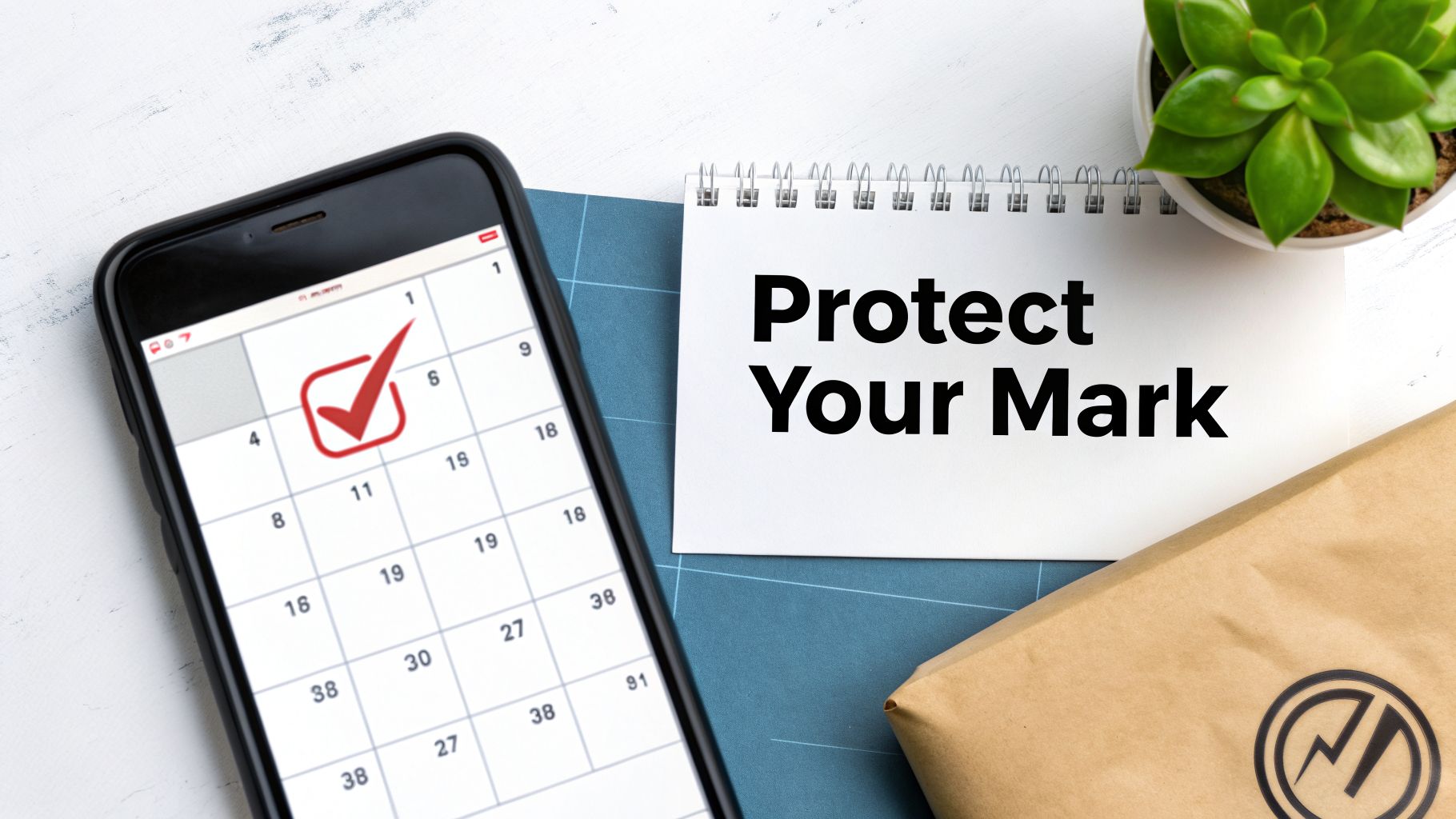 A smartphone displaying a calendar with a checked date, a notebook with 'Protect Your Mark', and a brown envelope.
