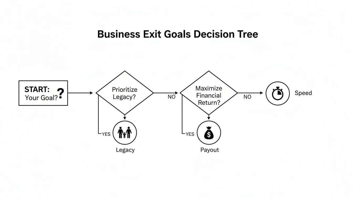 A decision tree flowchart for business exit goals, guiding choices between legacy, financial payout, or speed.