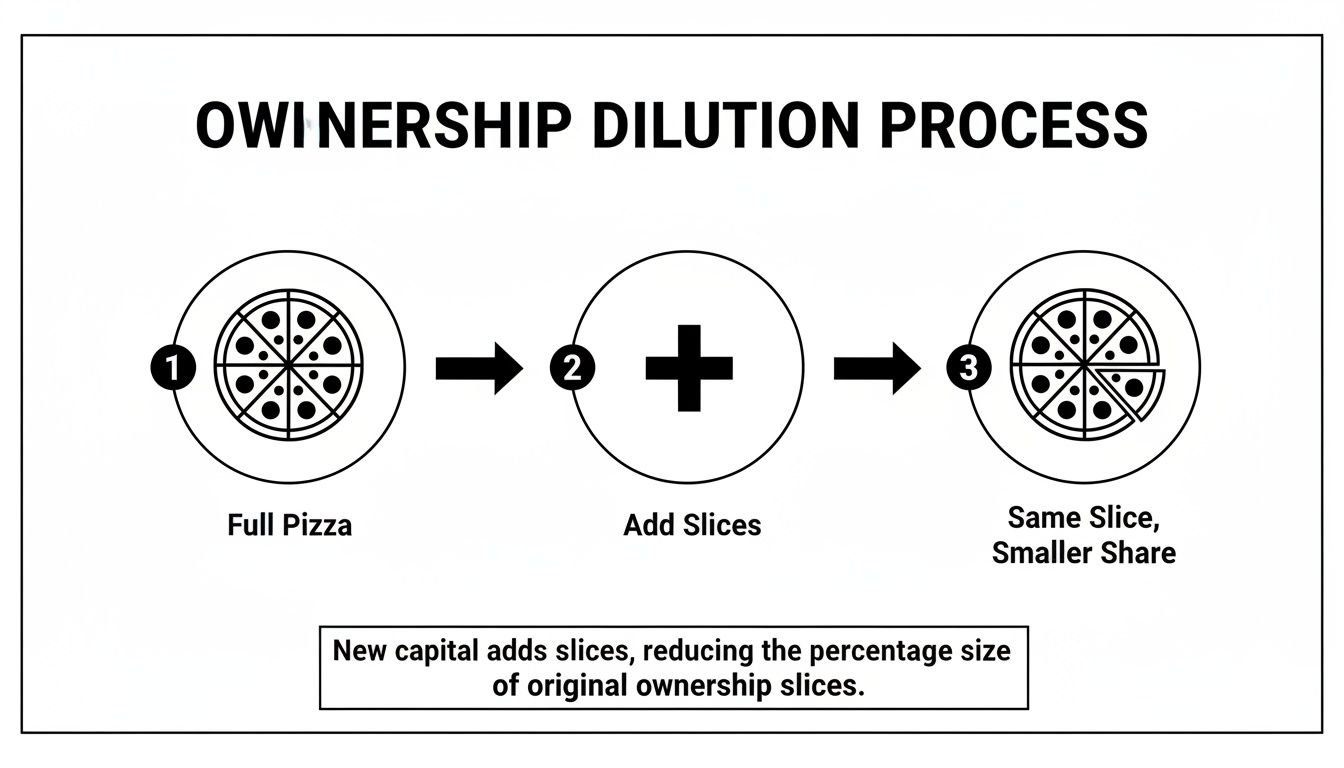 A diagram using a pizza analogy to illustrate ownership dilution, where adding slices reduces the share of original owners.