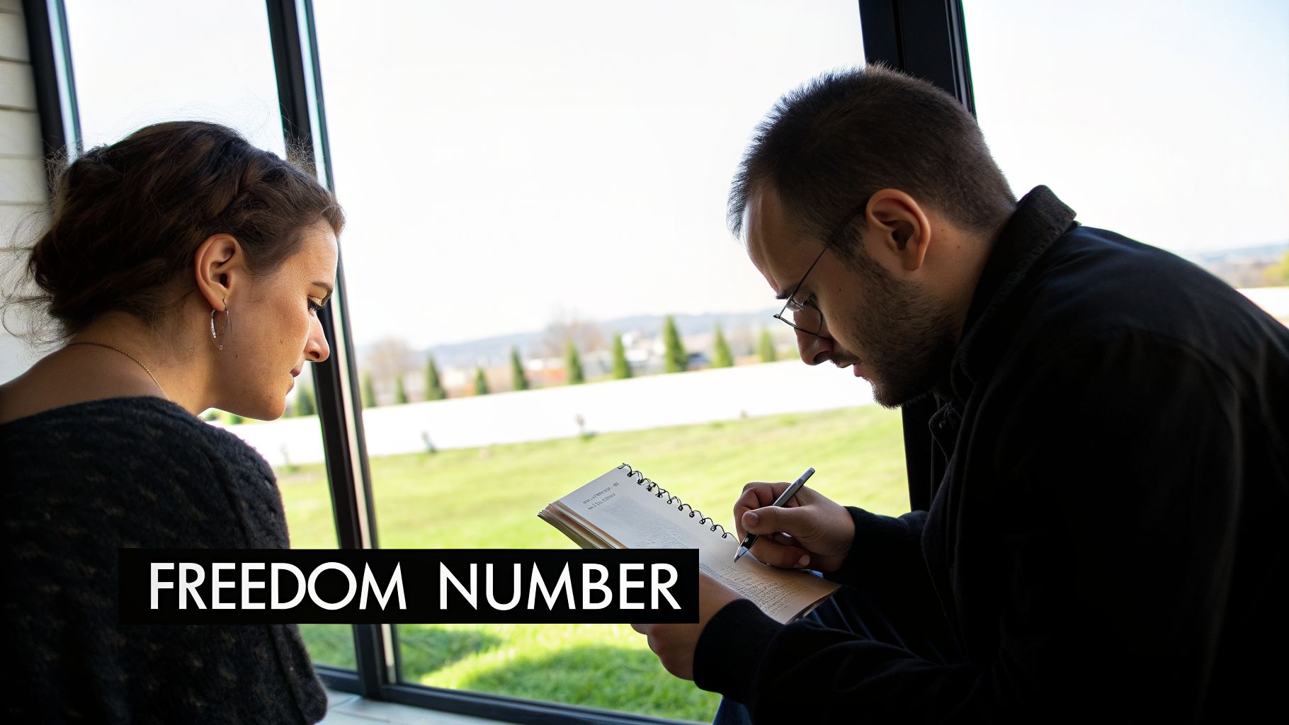 A man writes in a notebook while a woman observes by a bright window overlooking a green landscape.
