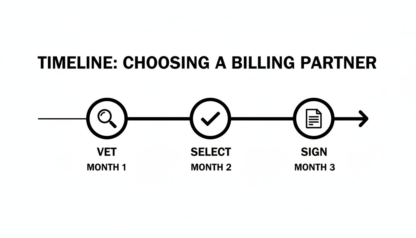 A timeline graphic shows three steps for choosing a billing partner: Vet (Month 1), Select (Month 2), and Sign (Month 3).