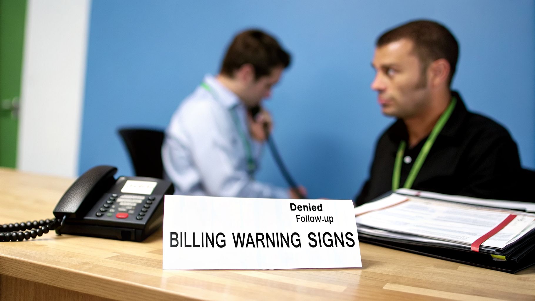 Two men in an office, one on the phone, with 'BILLING WARNING SIGNS' card on desk.