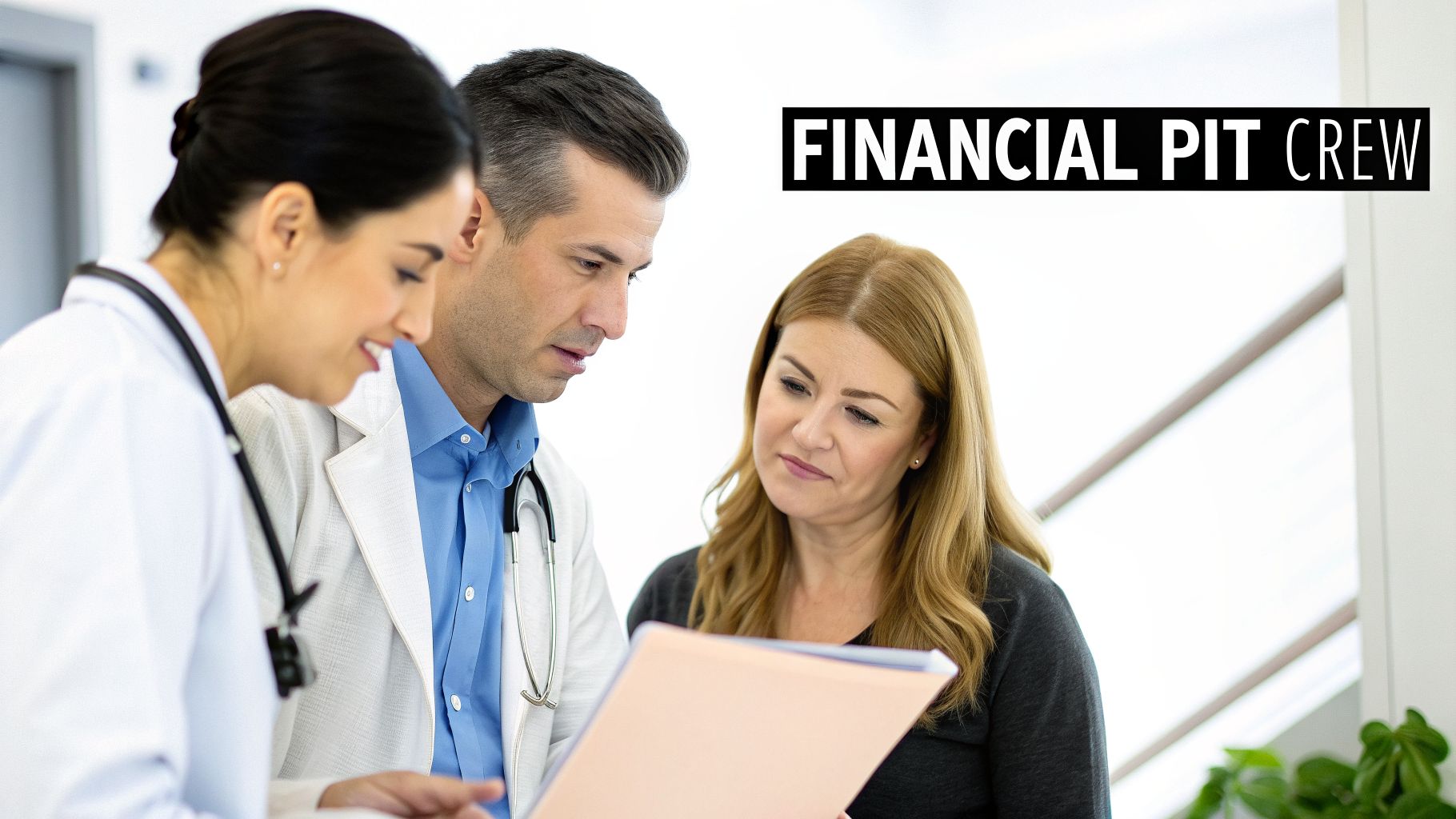 Two medical professionals and a patient reviewing documents with 'FINANCIAL PIT CREW' overlay.