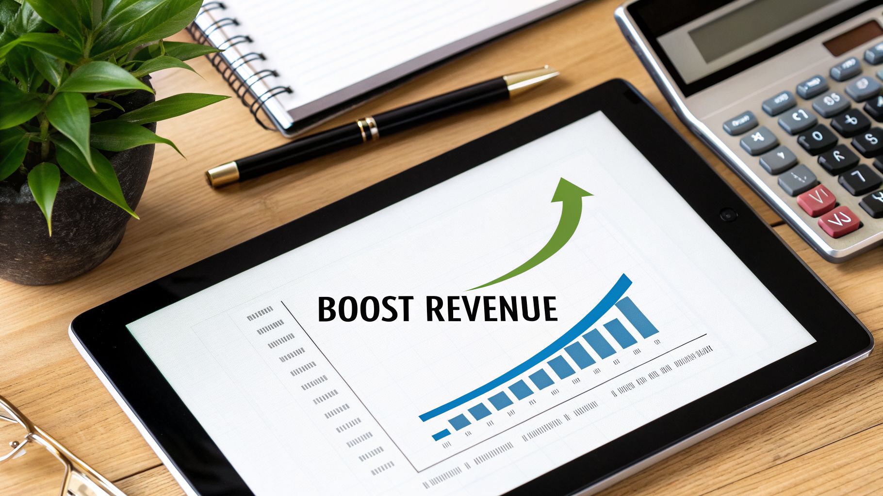 A tablet on a wooden desk displays a 'BOOST REVENUE' graph showing increasing profits, alongside office supplies.
