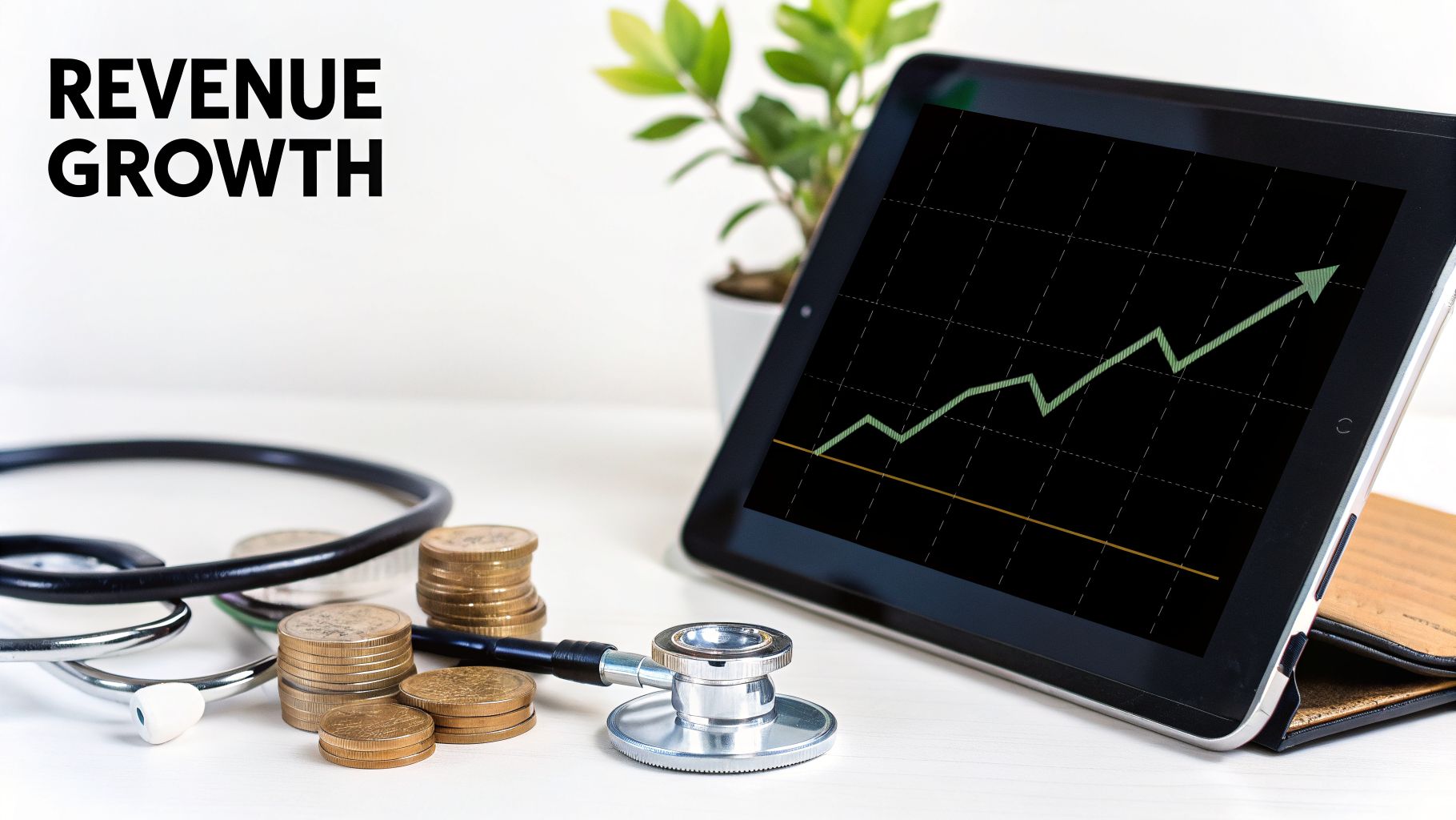 Healthcare financial growth concept with stethoscope, coins, and tablet showing a rising revenue graph.