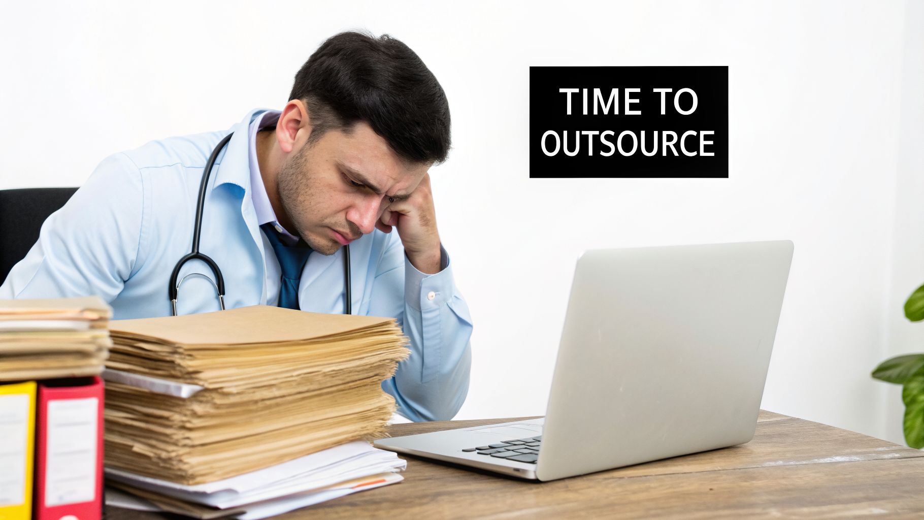 A stressed doctor overwhelmed by paperwork, looking at a laptop, with a sign 'TIME TO OUTSOURCE'.