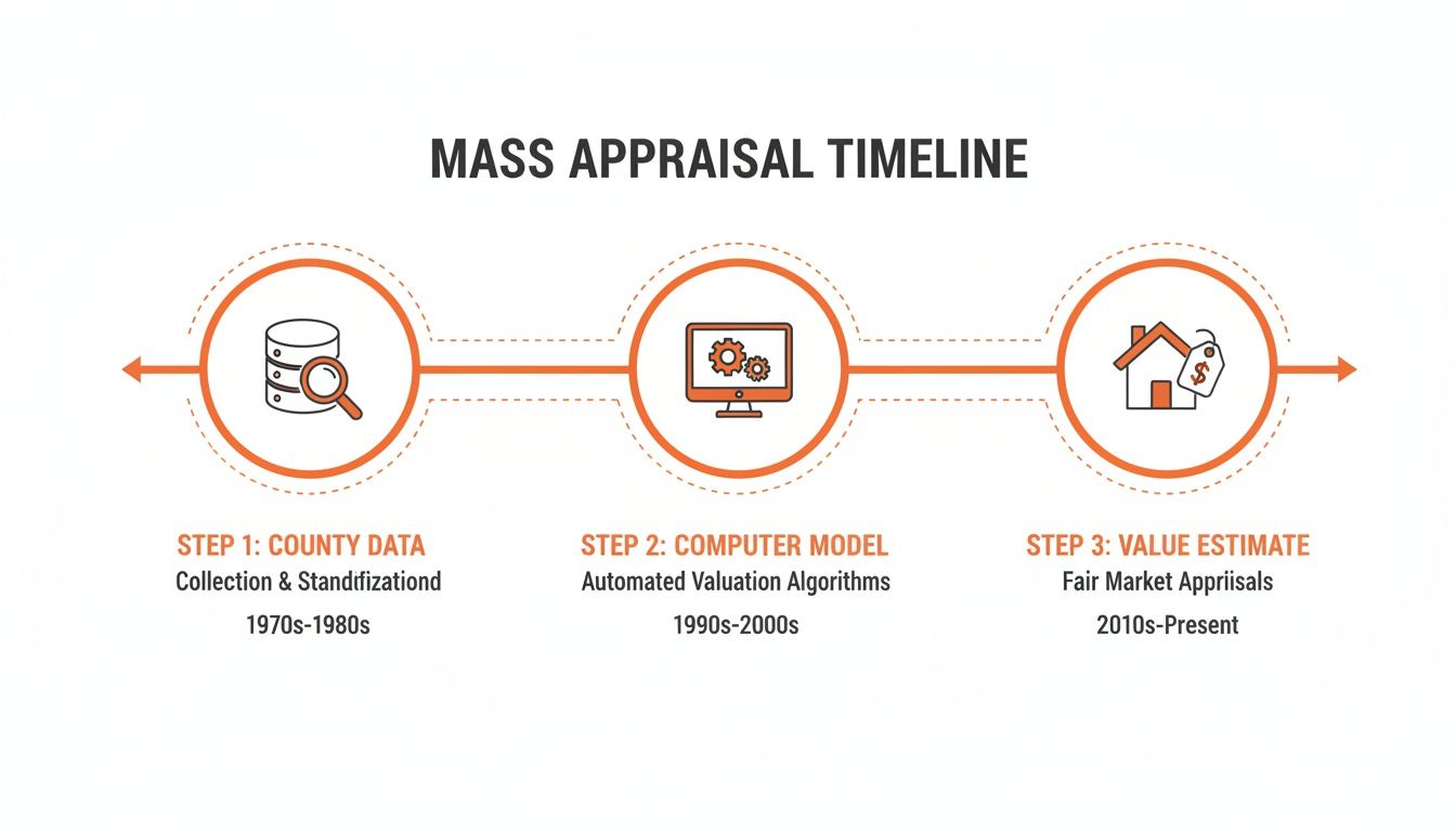 Timeline illustrating the evolution of mass appraisal from county data to computer models and fair market value estimates.