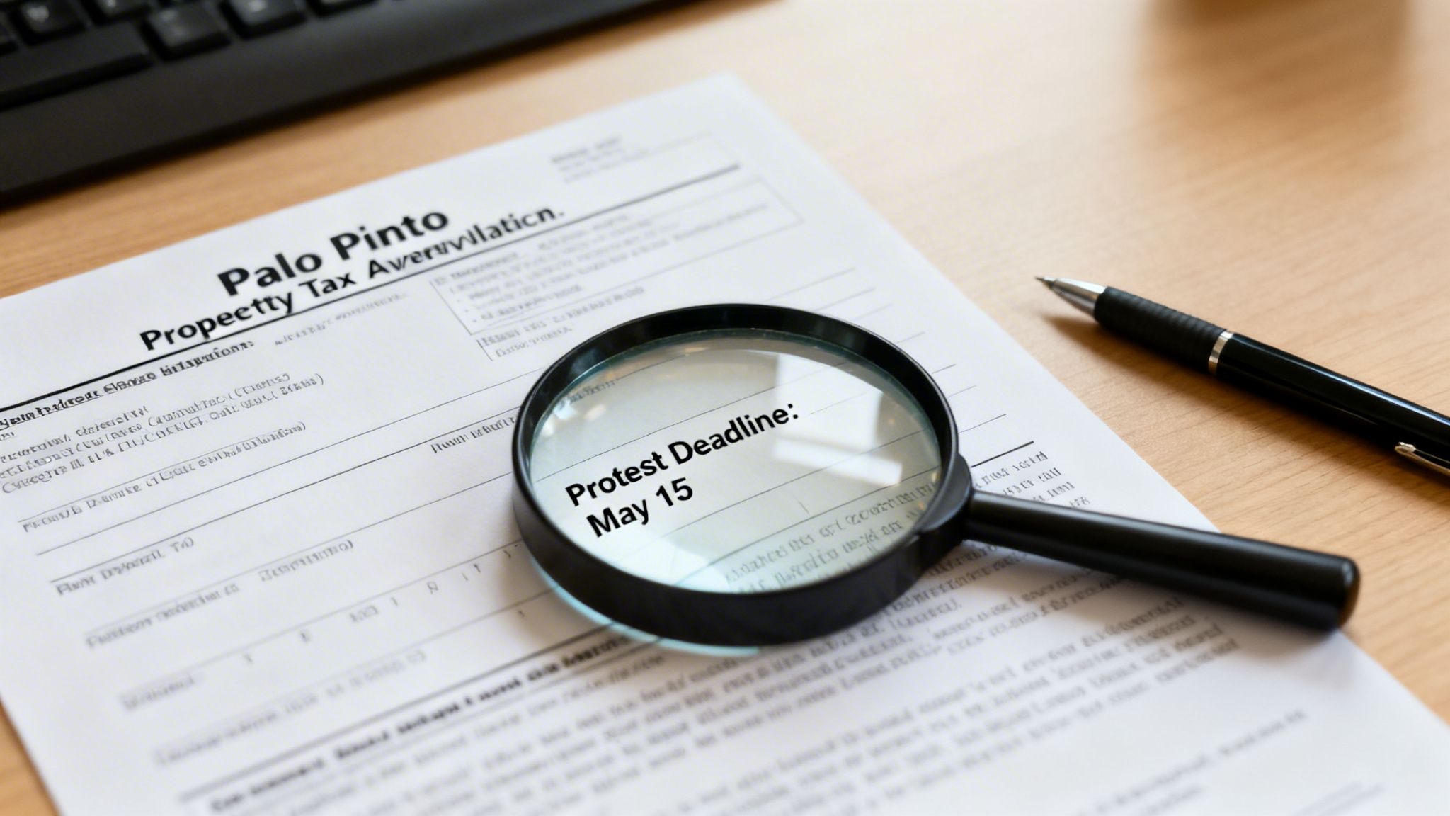 A property tax appraisal document from Palo Pinto with a magnifying glass showing "Protest Deadline: May 15."