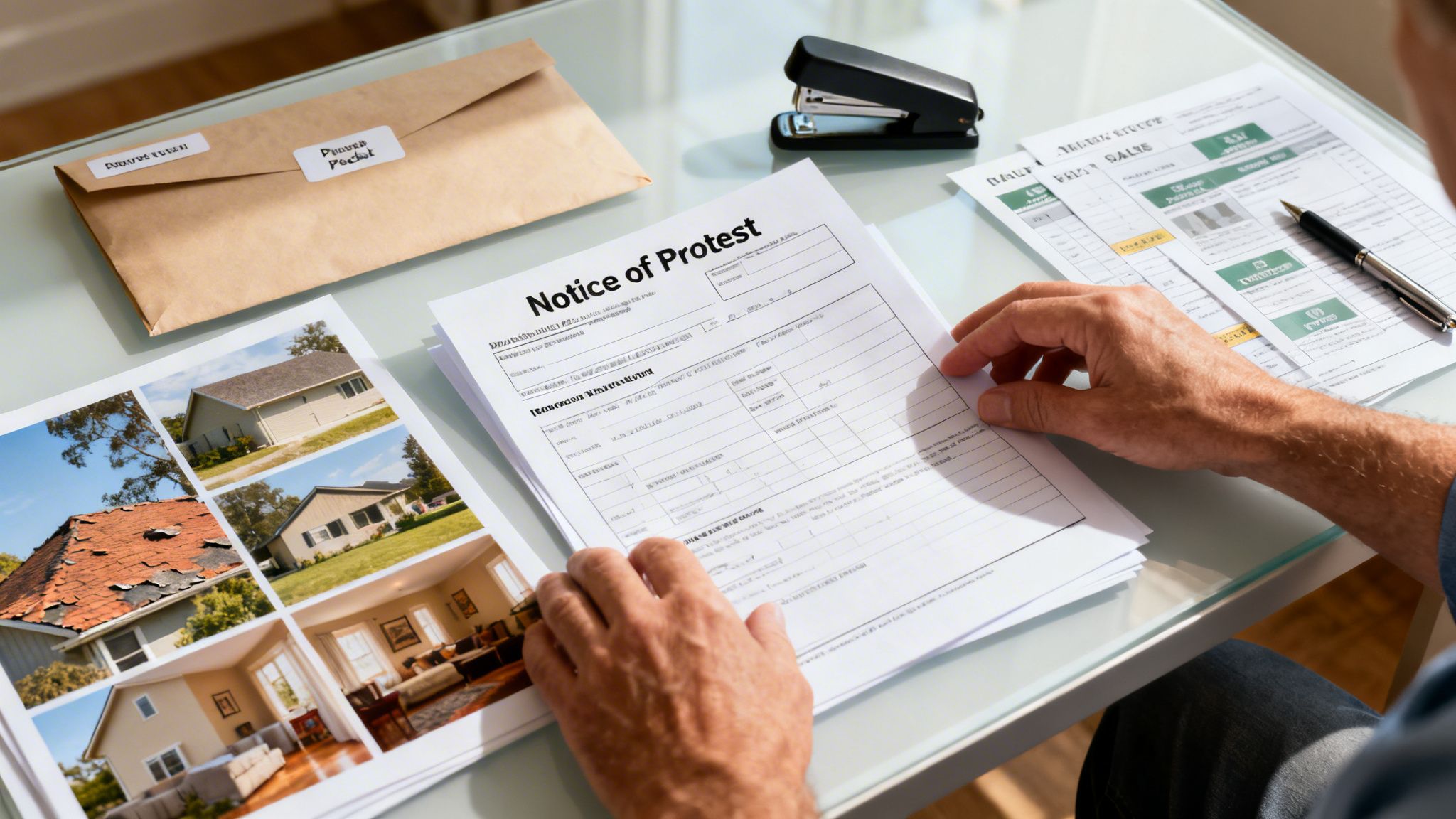 Hands holding a Notice of Protest form, surrounded by property photos, appraisal documents, and an envelope on a glass table.