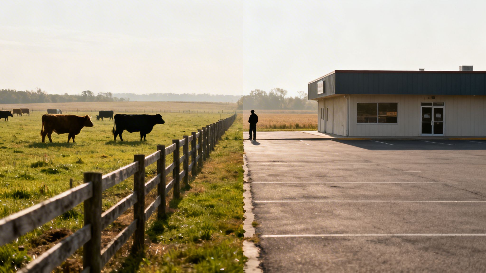 A silhouetted man stands by a wooden fence separating a parking lot from a field with cows and a building.