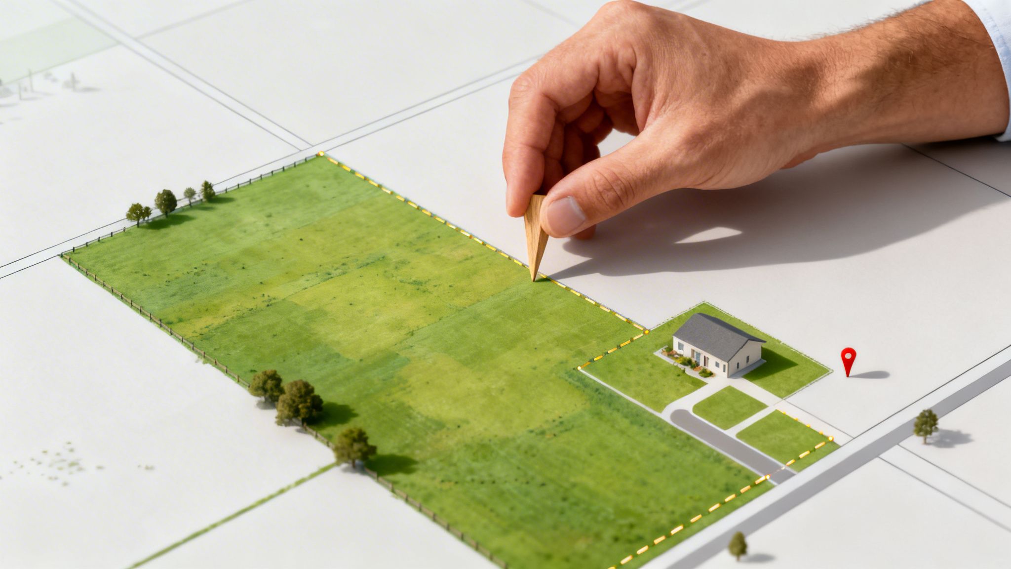 A hand uses a small wooden marker to define a property boundary on a miniature land plot with green fields and a house.