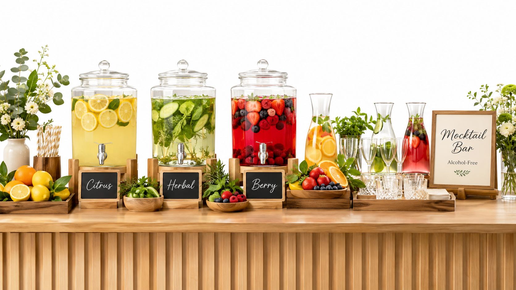 Citrus, herbal and berry drinks in three dispensers on a wood bar.