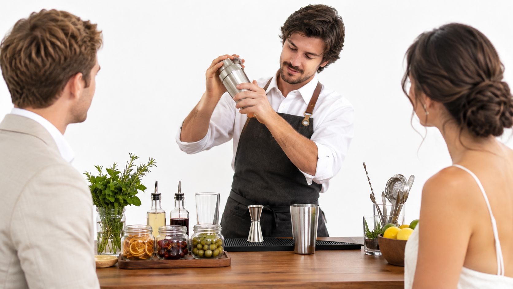 A bartender preparing a cocktail as wedding guests watch.