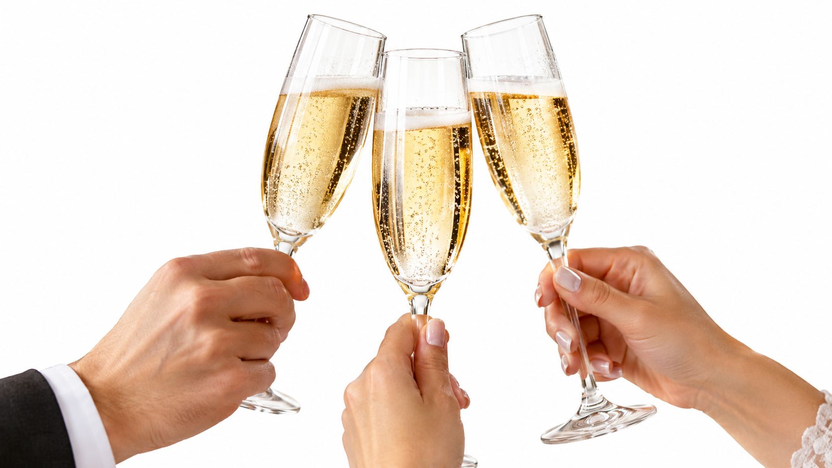 Wedding guests raising three sparkling-wine flutes for a toast.