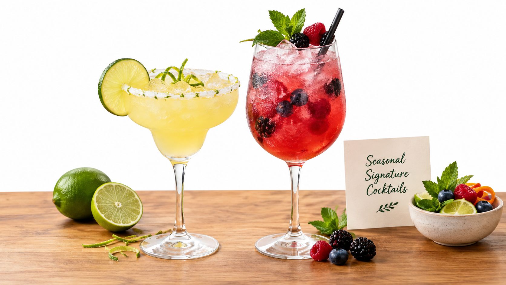 Two seasonal signature cocktails with citrus and berry garnishes.