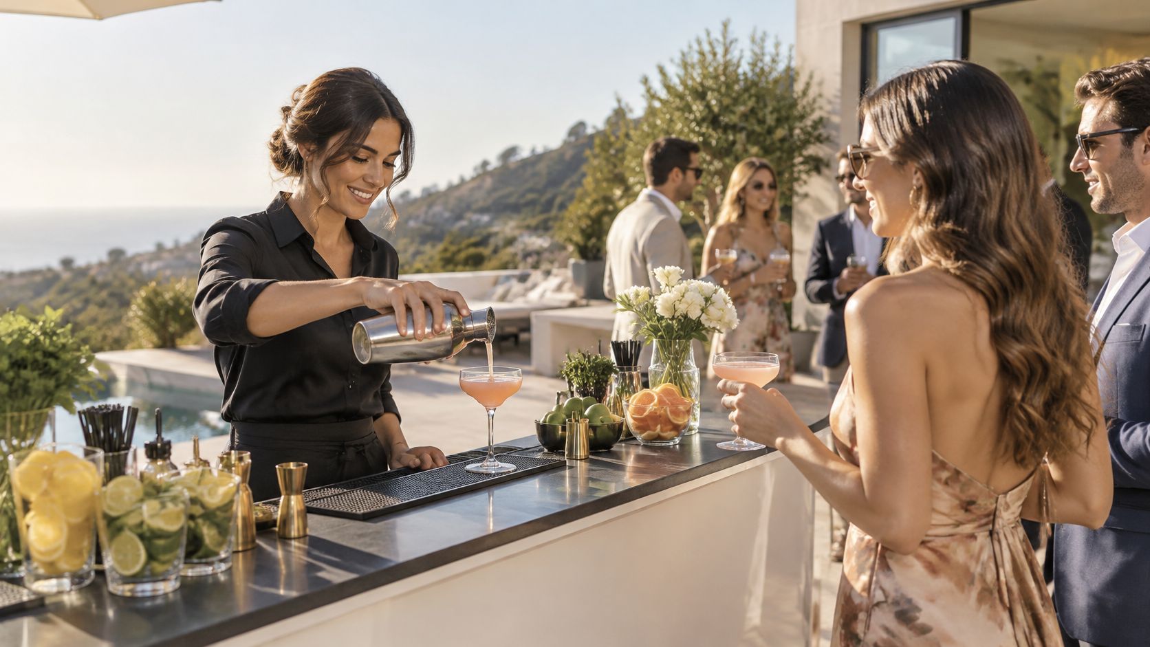 A professional female bartender pouring a cocktail into a glass for a customer at an outdoor bar.
