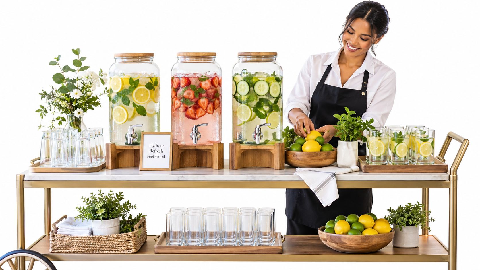 Woman arranging citrus beside three fruit-water dispensers.