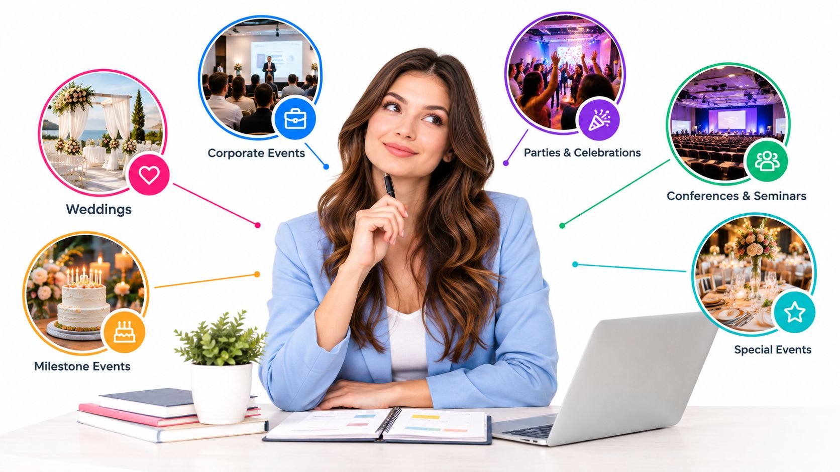 Illustration of wedding, business and private-party event settings.
