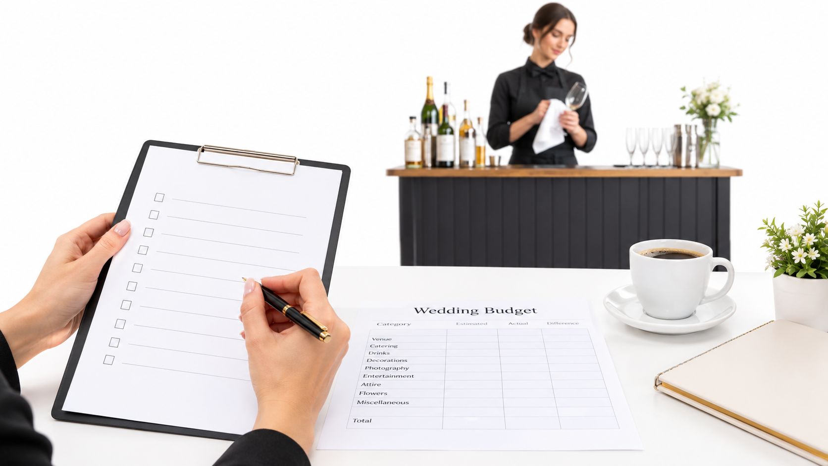 A person holding a clipboard and pen while planning a wedding budget with a bartender in background.
