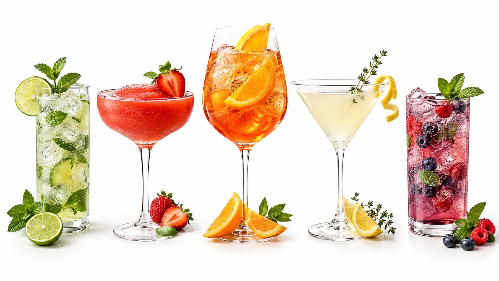 Five colorful drinks with citrus, berries and herb garnishes, shown as menu inspiration.