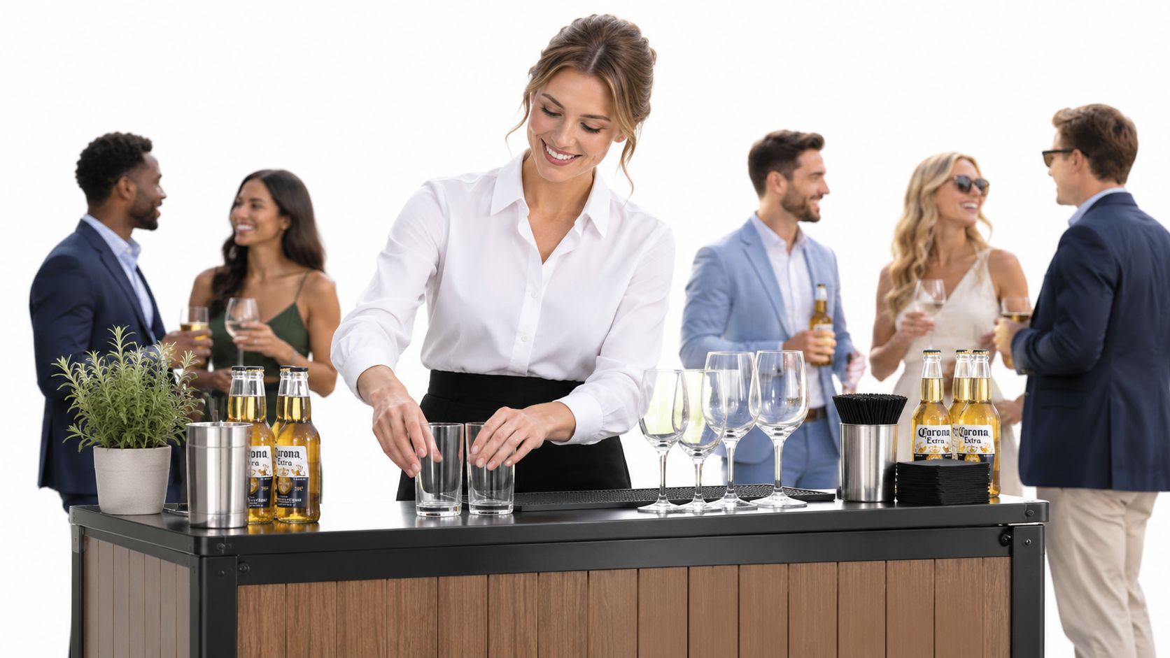 A woman bartender arranging glasses at a portable bar, with adult guests behind her.