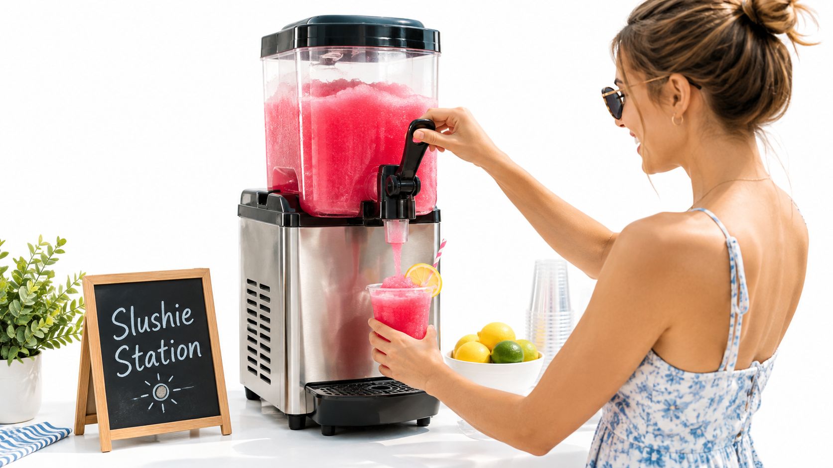 A guest pours a pink frozen drink from a single-flavor slushie machine.