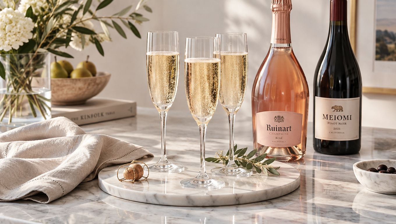 Illustrative sparkling-wine toast and wine bottles