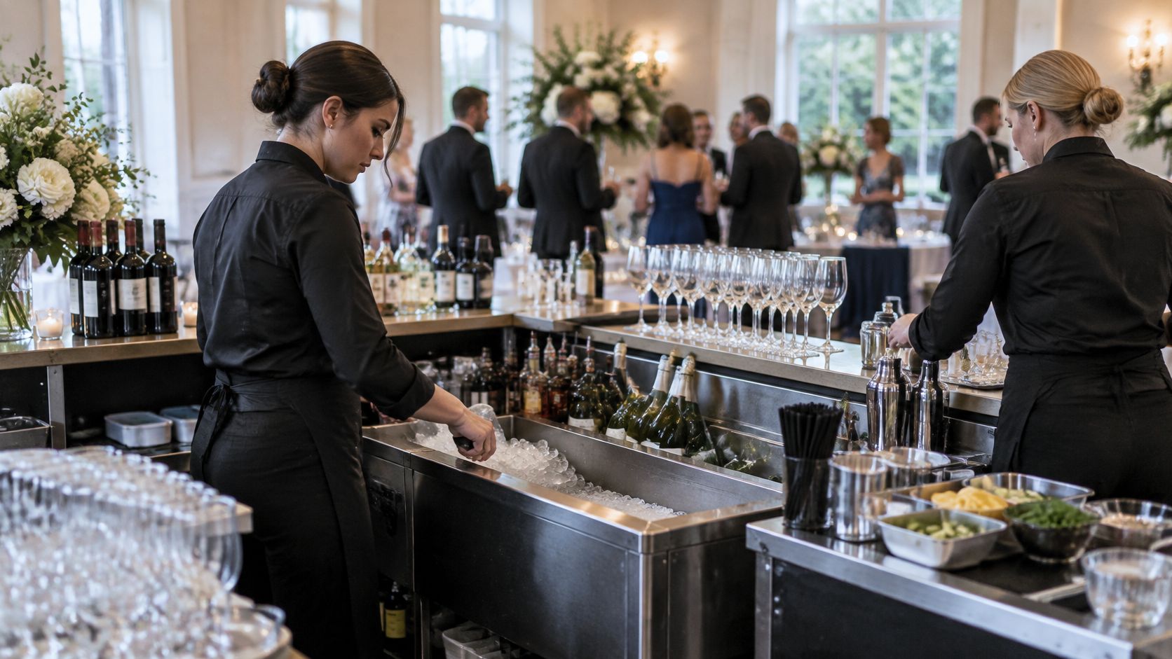 Illustrative women bartenders working behind a venue bar at a wedding reception