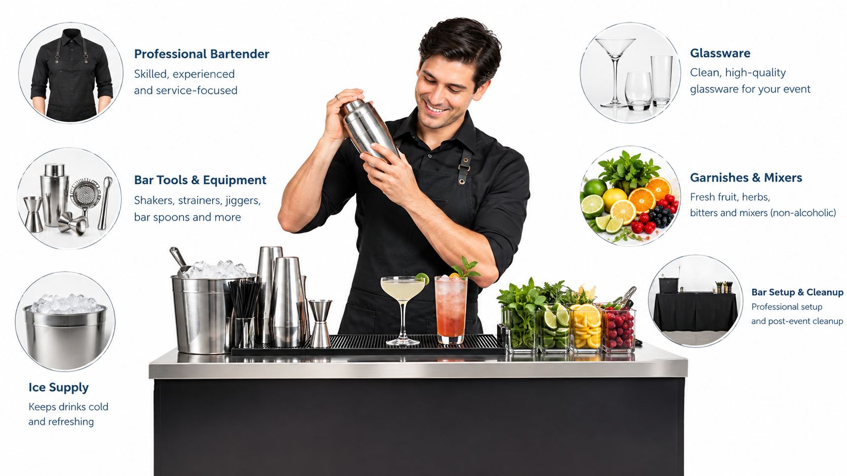 A professional bartender smiling while preparing a cocktail behind a mobile bar with equipment, garnishes, and drinks.