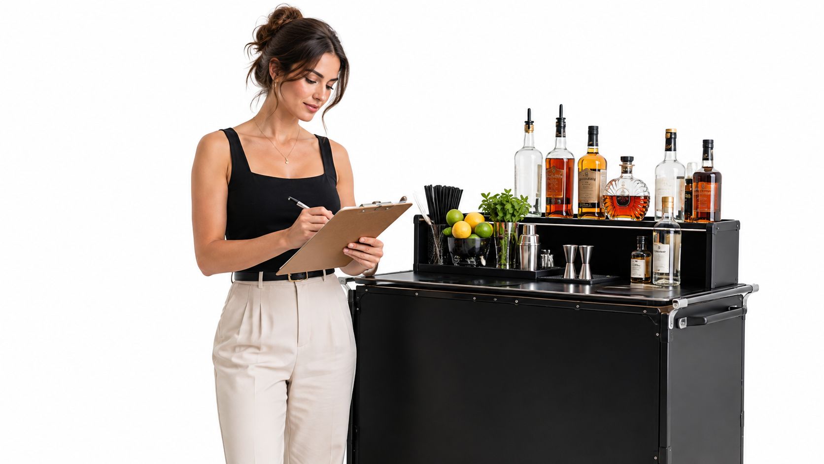 A professional bartender holding a clipboard and taking inventory next to a modern mobile bar station