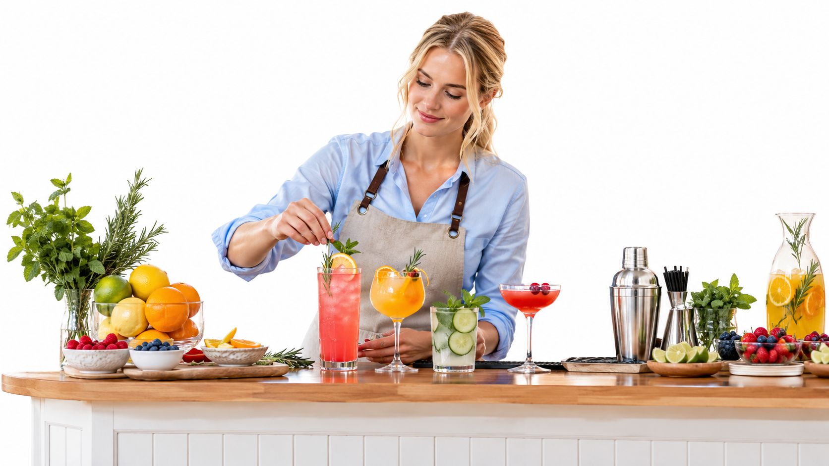 Illustrative bartender preparing colorful drinks with fruit and mint garnishes