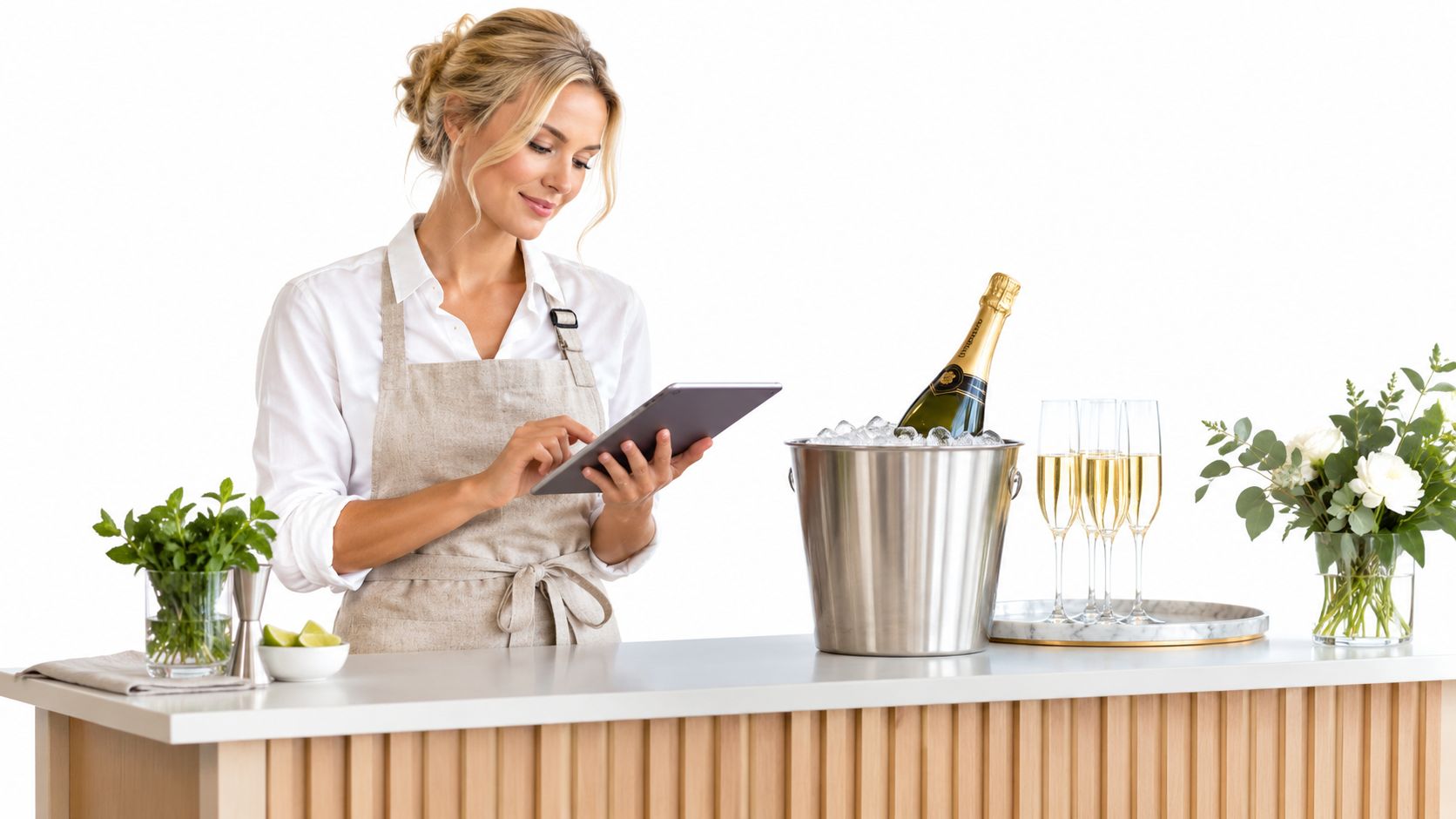 Illustrative event bar planning scene with a tablet