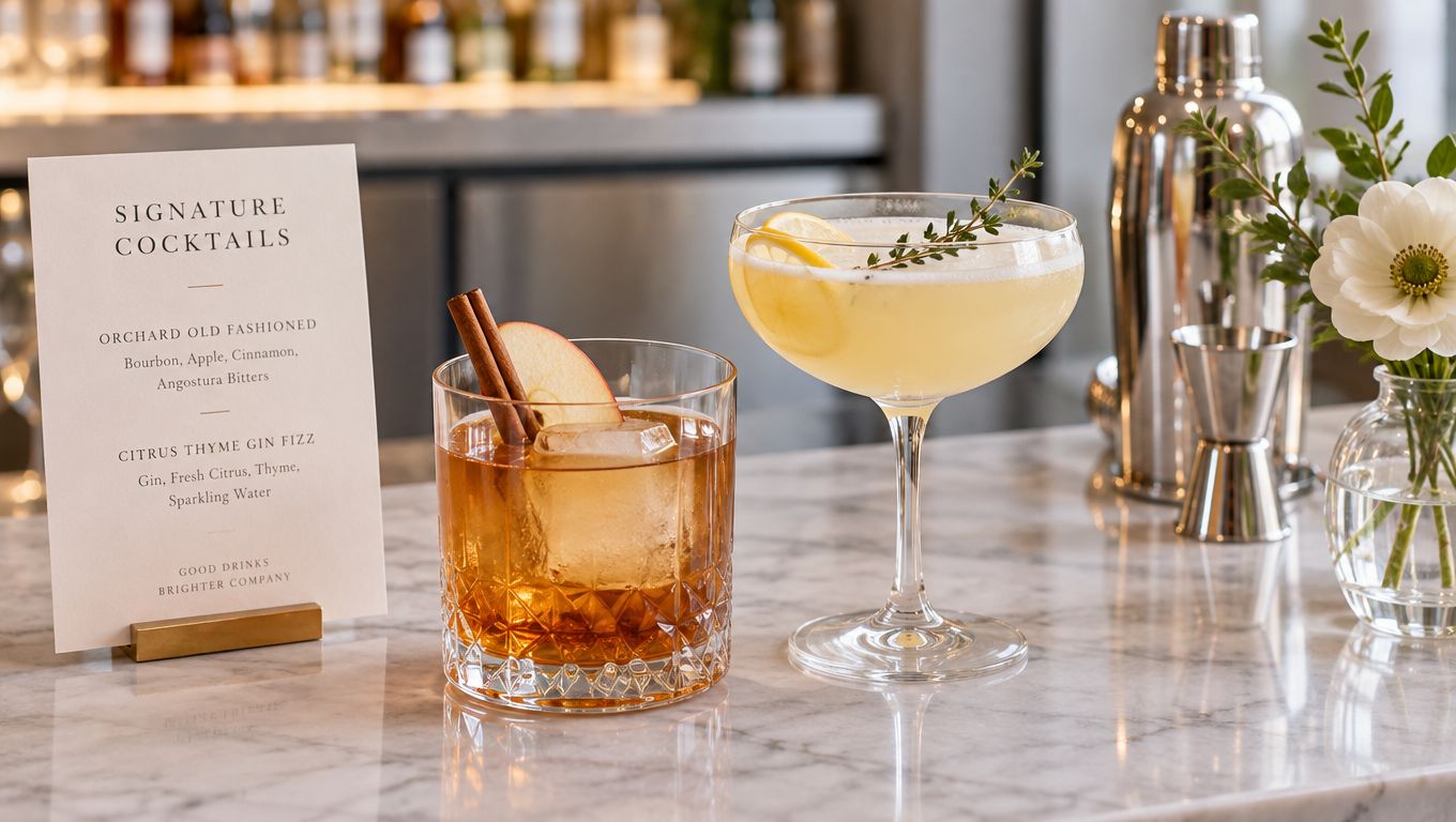 Illustrative wedding cocktail menu beside two garnished drinks