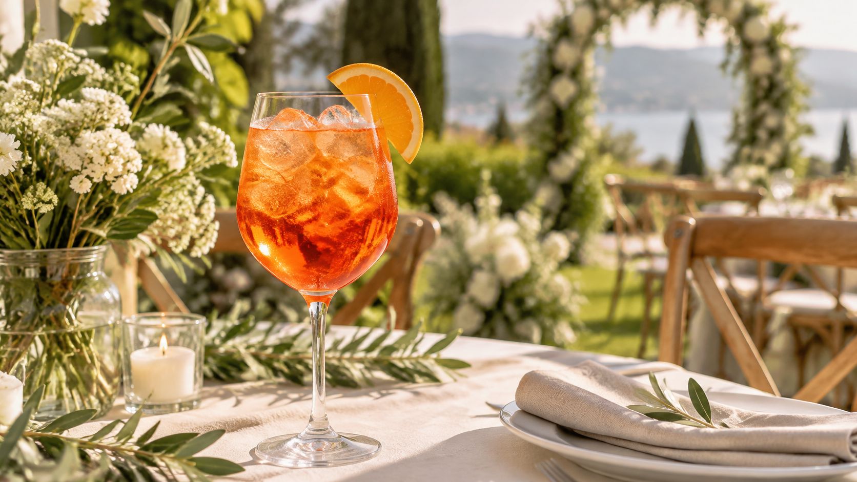 An orange Aperol Spritz in a wine glass at a wedding table setting.
