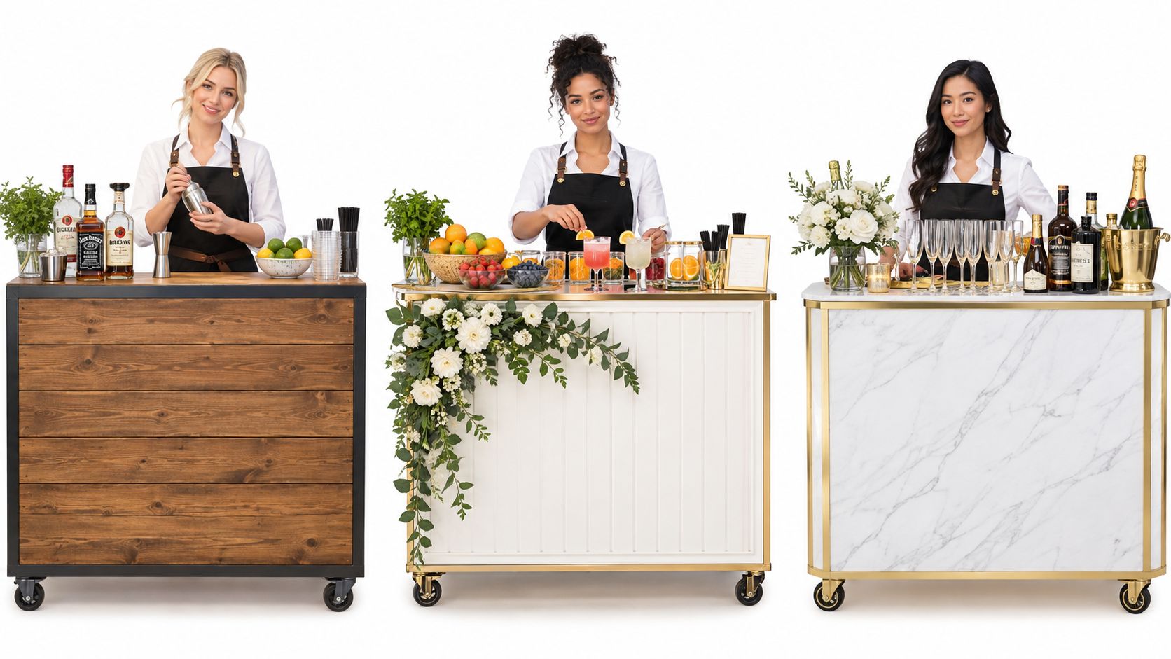 Illustrative portable bar setups with women bartenders