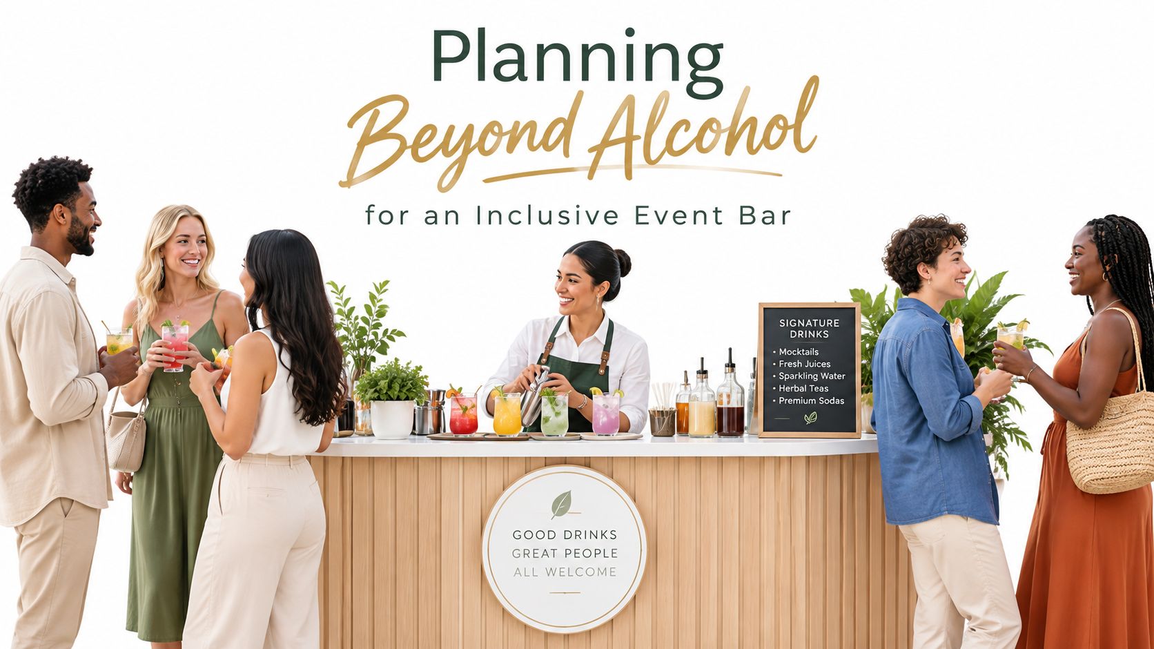 Woman bartender serving colorful drinks as guests socialize.