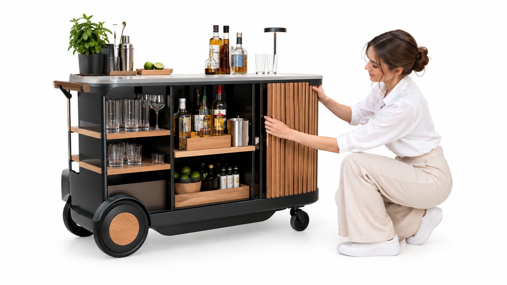A woman crouches next to a modern mobile bartending cart with wooden accents and glassware on white.