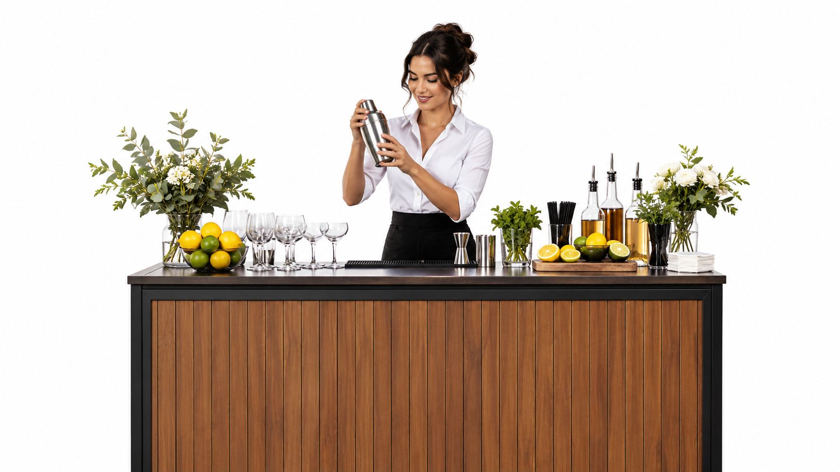 Illustrative bartender preparing a drink at an event bar