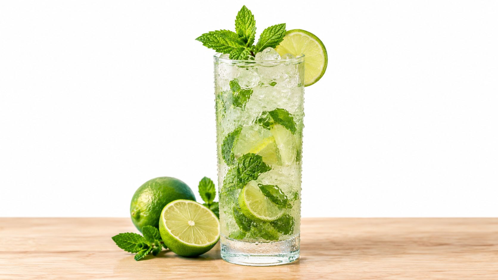 A tall, refreshing mojito cocktail garnished with fresh mint leaves and lime slices on a wooden surface.