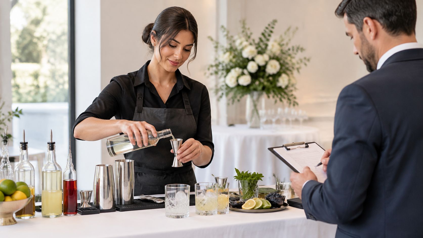 A professional bartender pouring spirits into a jigger while a man in a suit takes notes nearby.
