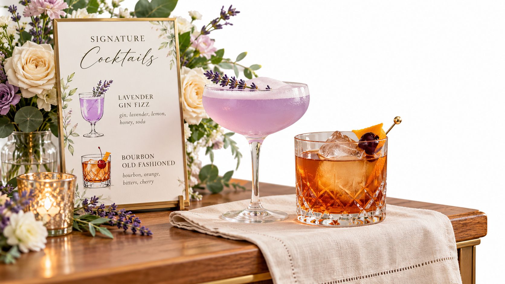 A signature cocktail menu sign placed on a wooden bar next to two elegant cocktails and flowers.