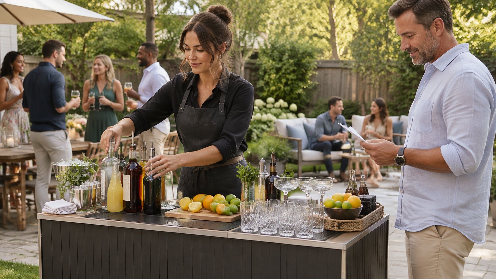 A professional bartender preparing cocktails at a mobile bar station during an outdoor backyard social gathering.